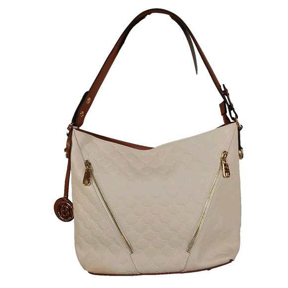 Bostanten Hobo Handbag Shoulder Tote Cream And Brown Gold Accents EUC - Picture 1 of 12